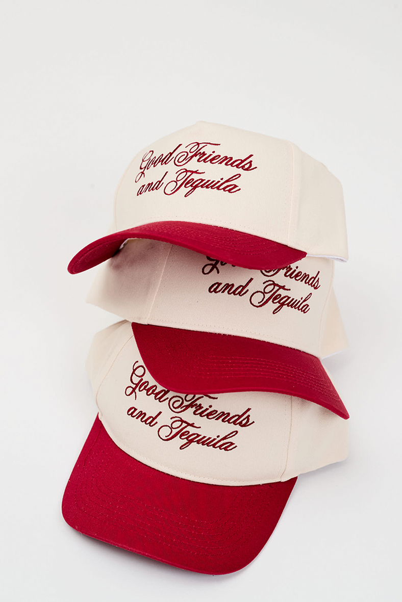 3 hats with embroidery saying good friends and tequila