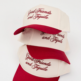 3 hats with embroidery saying good friends and tequila