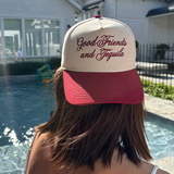 burgundy peak cap with cream body with burgundy embroidery saying good friends and tequila
