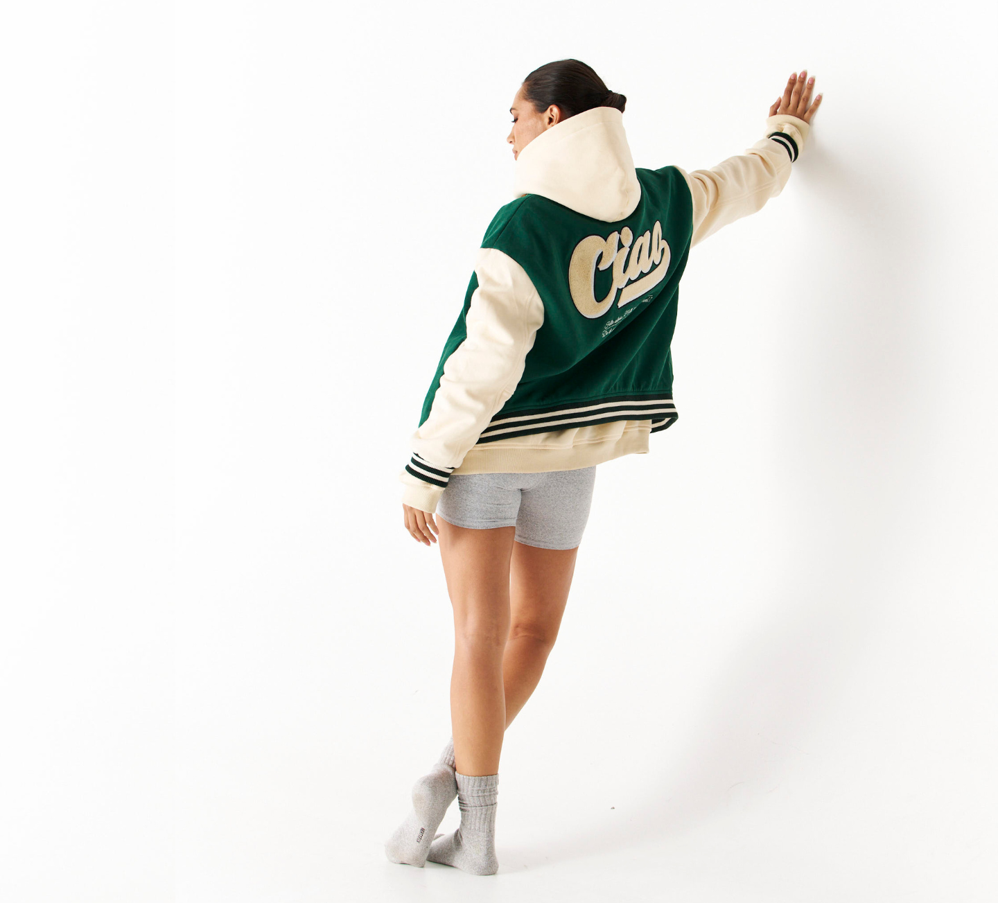 Italian Jacket green bomber varsity jacket with ciao logo on the back and cream sleeves