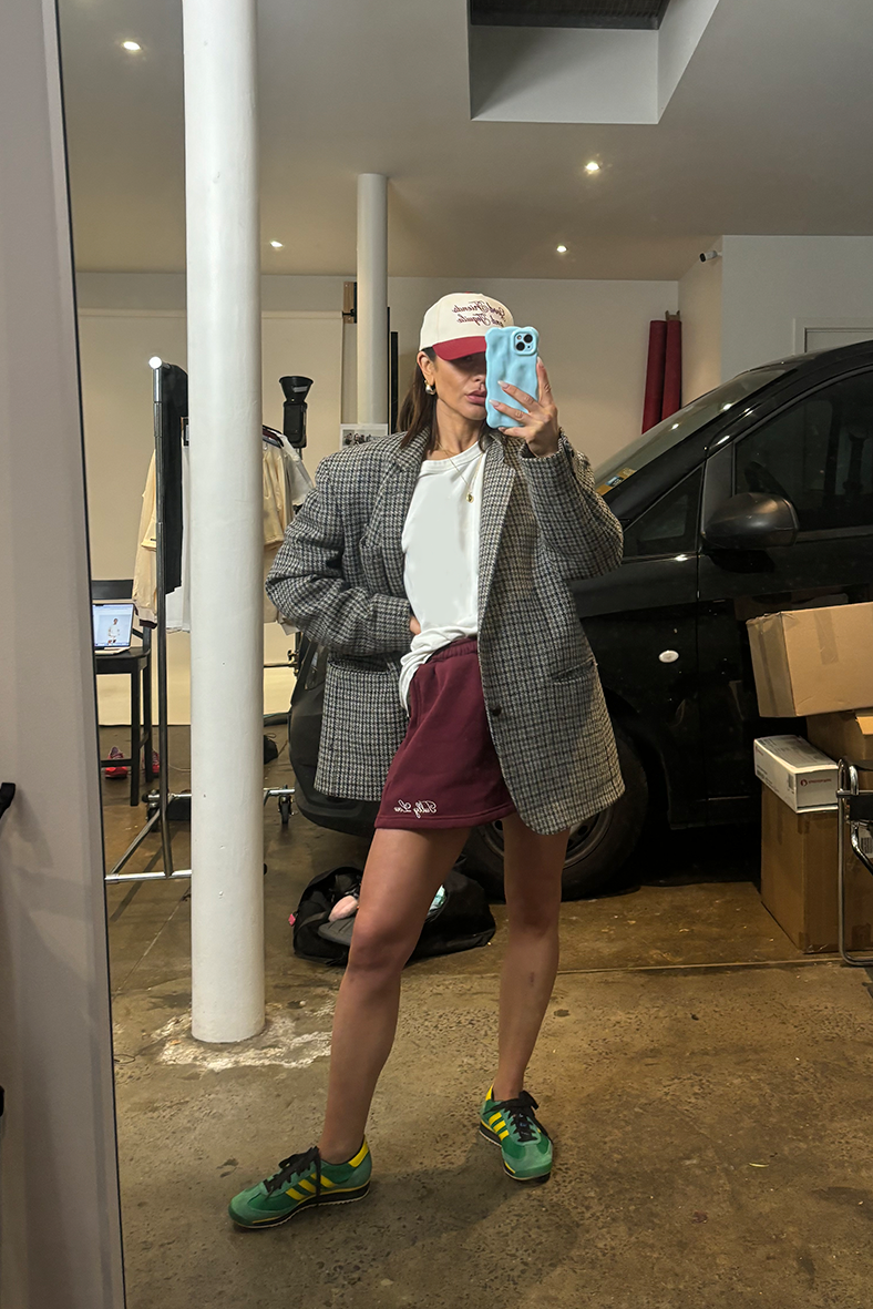 Tully humphrey burgundy Tully Lou shorts white tee blazer and Tequila cap