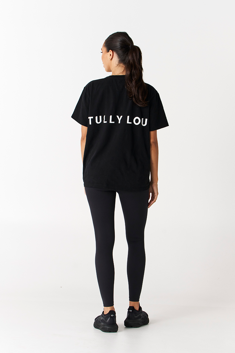 Tully Lou heavyweight cotton tee black with white Tully Lou logo on back with wide waistband compression pants