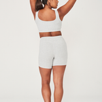 hailey crop grey back image with scoop matching grey fashion bike shorts with wide waistband