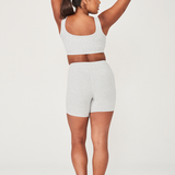 hailey crop grey back image with scoop matching grey fashion bike shorts with wide waistband