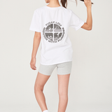 momentum tee white with cuffed sleeves tully lou logo with athletic logo print