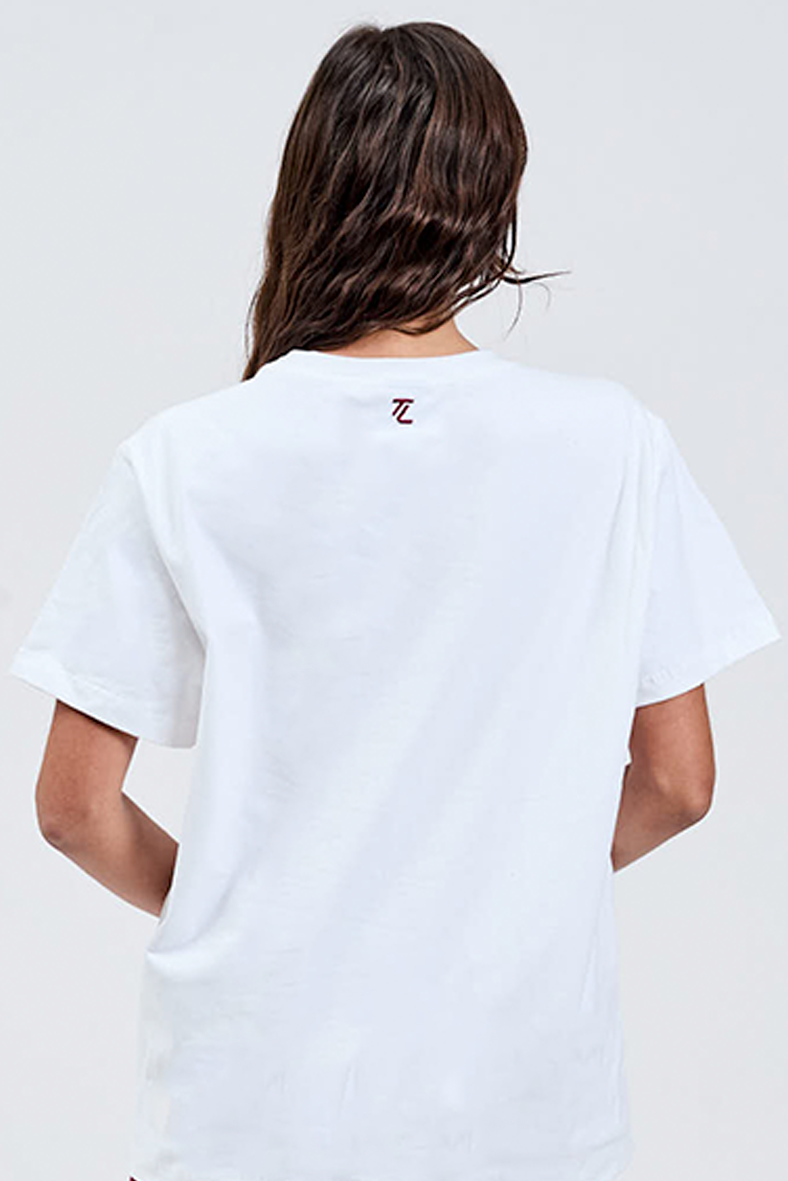 back close up image white cotton tee with burgundy TL embroidery centre back neckline