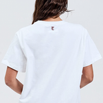 back close up image white cotton tee with burgundy TL embroidery centre back neckline