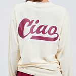 close up of butter yellow long sleeve crew t-shirt with burgundy printed ciao