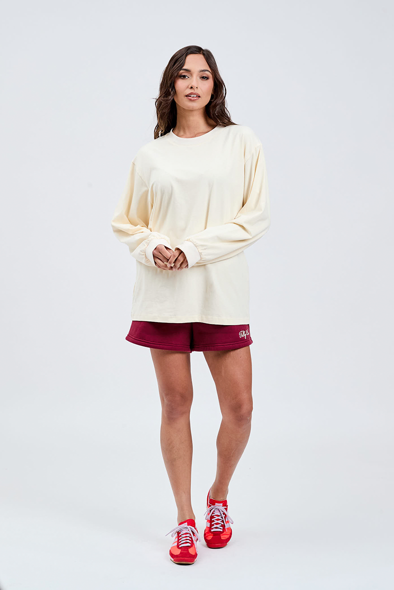 butter cream long sleeve cotton tee with burgundy cotton shorts