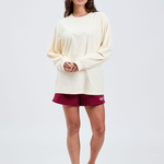 butter cream long sleeve cotton tee with burgundy cotton shorts