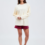 butter cream long sleeve cotton tee with burgundy cotton shorts