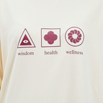 close up of logo burgundy on butter cotton wisdom health and wellness