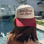 burgundy peak cap with cream body with burgundy embroidery saying good friends and tequila 