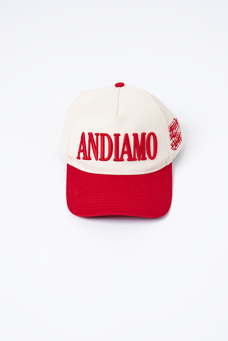 red and cream hat with andiamo 3D print on front and the world is yours graphic baseball cap