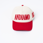 red and cream hat with andiamo 3D print on front and the world is yours graphic baseball cap