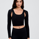 Black pilates shrug with black crop top and matching black bike shorts