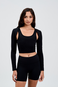 Black pilates shrug with black crop top and matching black bike shorts