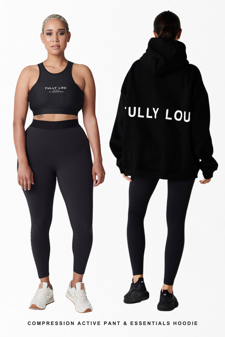 Two models wearing black activewear leggings and black hoodie for Tully Lou bundle