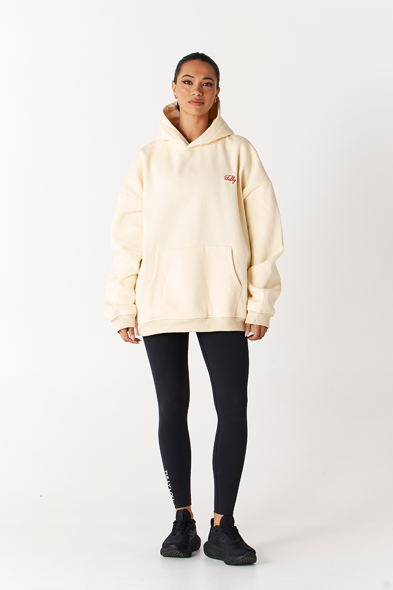 fairfax oversized hoodie by tully lou butter yellow jumper with red logo
