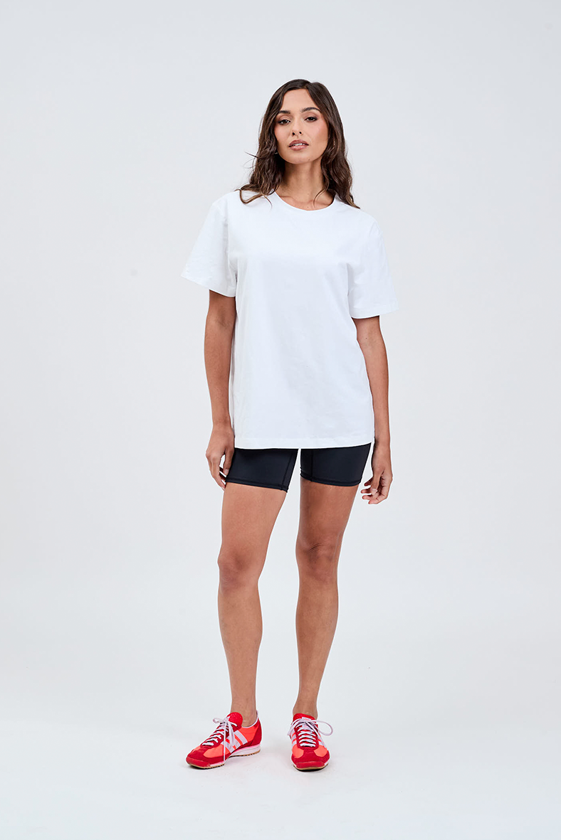 essentials heavyweight cotton tee white styled with black bike shorts