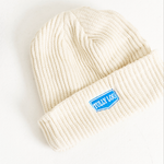 white wool beanie with blue tully lou text logo 