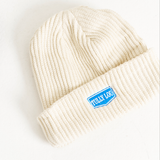 white wool beanie with blue tully lou text logo 