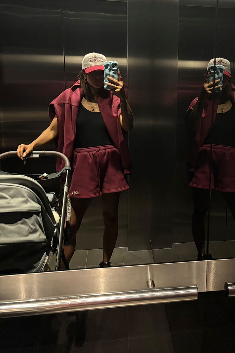 mirror selfie burgundy set with black tank top and tequila hat