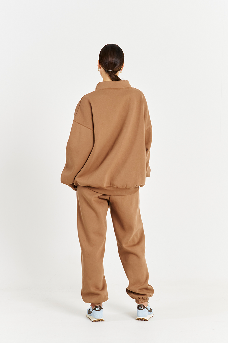 back image of mocha brown matching heavy fleece tracksuit set with high neck crew neck jumper 