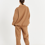 back image of mocha brown matching heavy fleece tracksuit set with high neck crew neck jumper 