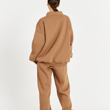 back image of mocha brown matching heavy fleece tracksuit set with high neck crew neck jumper 