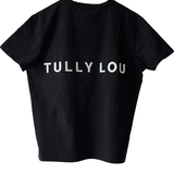 Tully Lou essentials Tee black with Tully Lou white writing crewneck heavyweight cotton tee