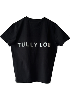 Tully Lou essentials Tee black with Tully Lou white writing crewneck heavyweight cotton tee