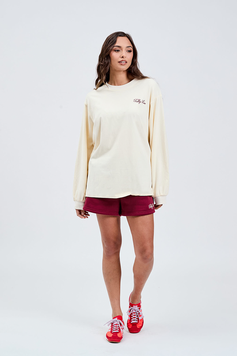 butter long sleeve cotton crew neck with italian cherry burgundy Tully Lou embroidered styles with burgundy shorts