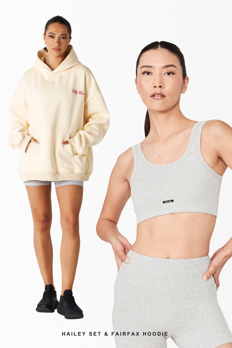 Hailey grey pilates with butter yellow fairfax hoodie