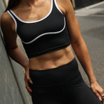 Woman wearing a black sports bra and leggings leaning against a wall.