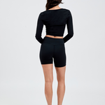 Back black pilates shrug long sleeve with matching black bike shorts