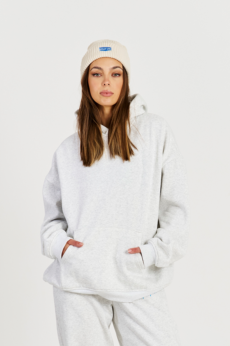 white beanie blue logo with grey marle hoodie 