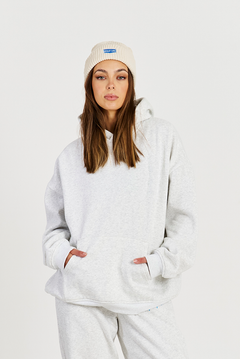 white beanie blue logo with grey marle hoodie 
