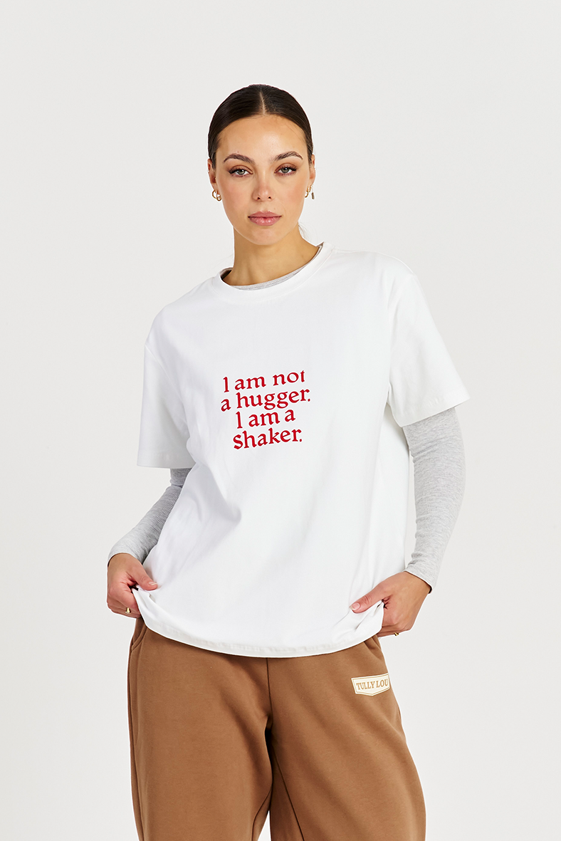 front on model white tee I am not a hugger tee 
