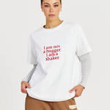 front on model white tee I am not a hugger tee 