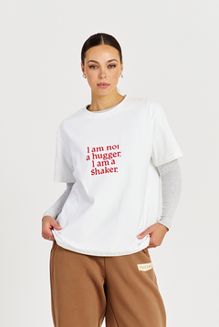 front on model white tee I am not a hugger tee 