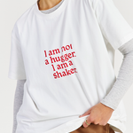 white cotton tee with red logo layered with grey top
