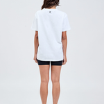 white cotton tee with black logo centre back neckline with black bike shorts