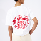 red logo on white crew neck tee heavy weight cotton saying the world is yours