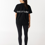 Tully Lou heavyweight cotton tee black with white Tully Lou logo on back with wide waistband compression pants