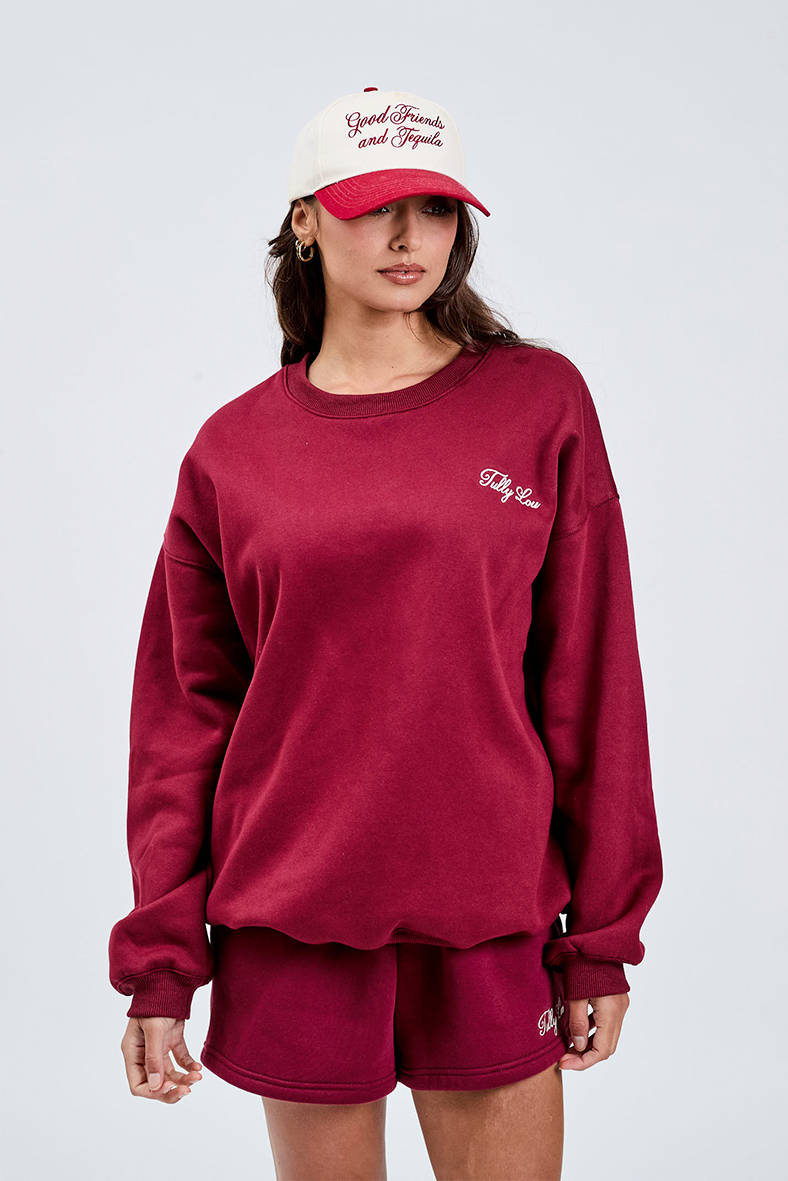 burgundy crew neck jumper with tully lou italic embroidery with matching shorts and casa tequila hat