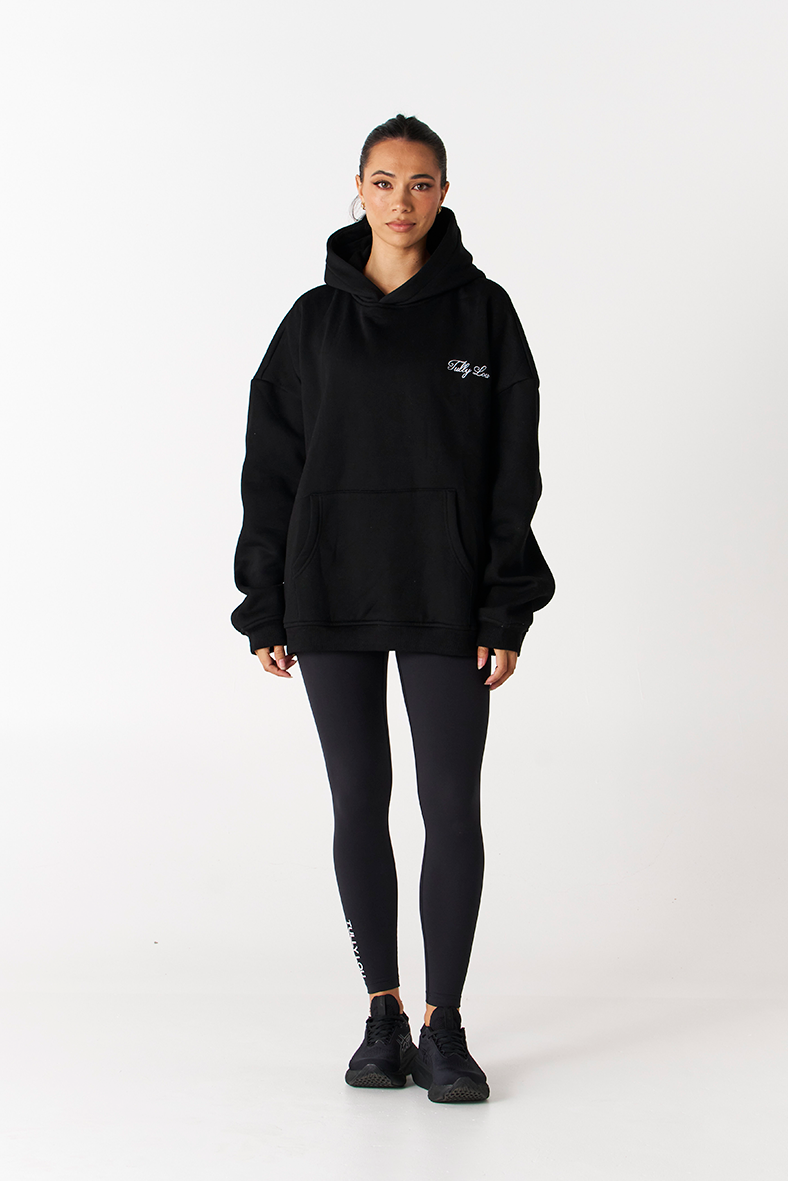 black fairfax oversized hoodie by Tully Lou heavyweight quality cotton fleece with white embroidered logo