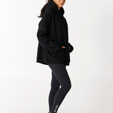 side of black hoodie with pocket heavyweight cotton with black seamless leggings