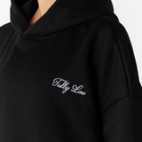heavyweight cotton fleece black boyfriend hoodie with Tully Lou white logo