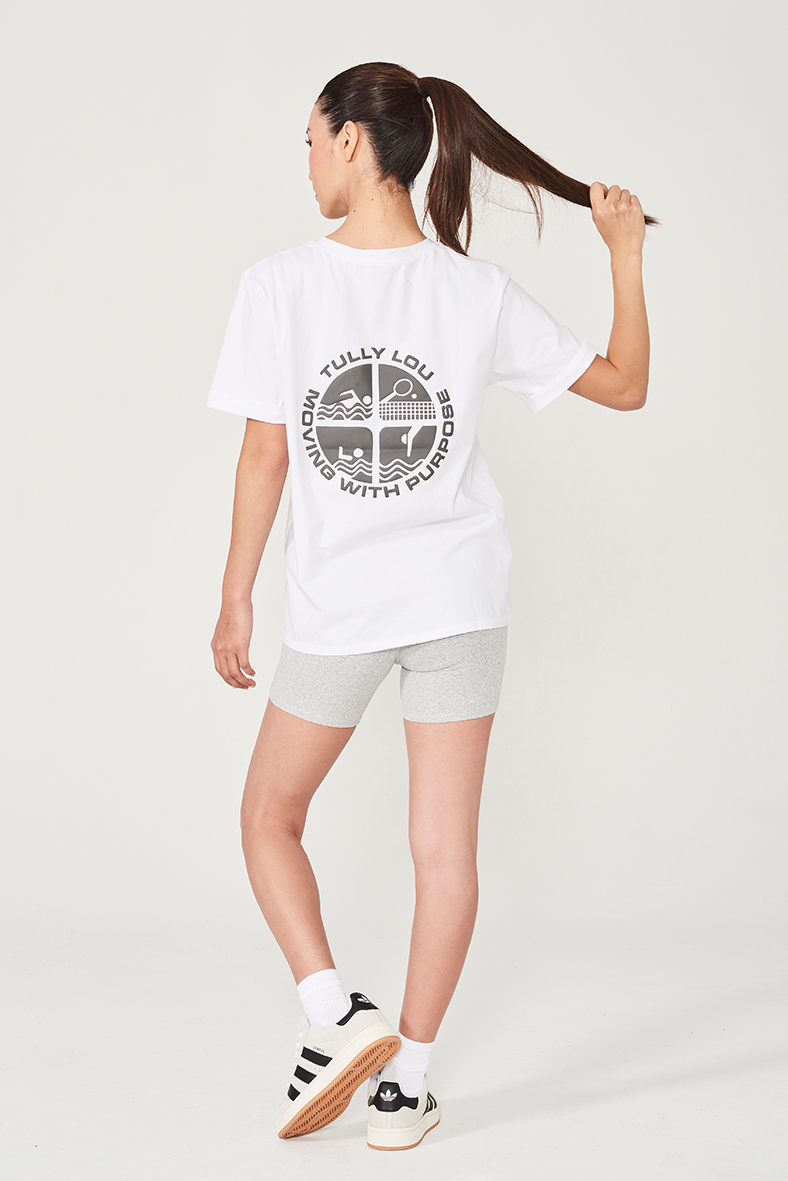 momentum tee white with cuffed sleeves tully lou logo with athletic logo print
